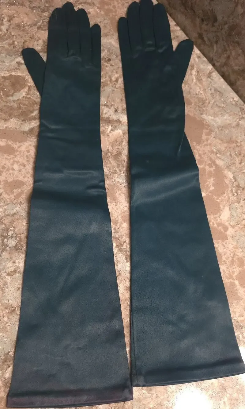 Vintage Mid Century Ladies Green Elbow Length Nylon Gloves One Size Medium